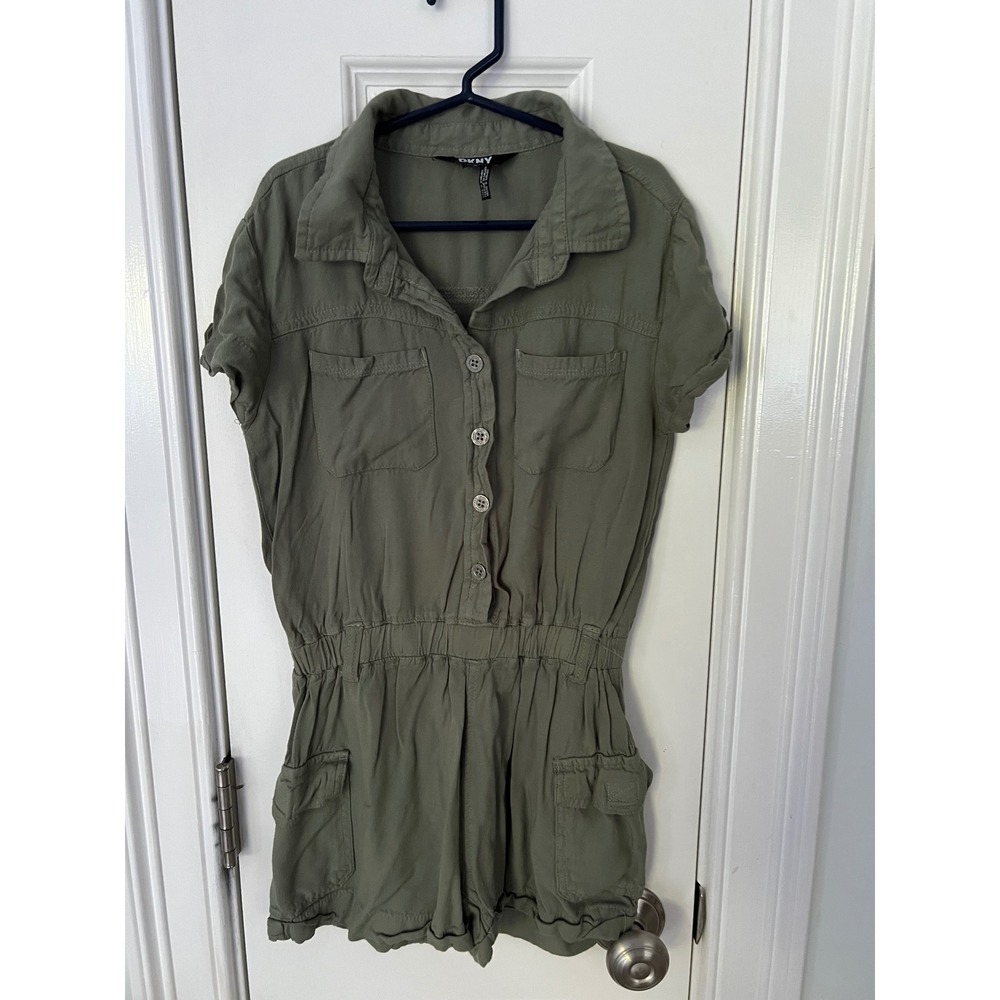 DKNY Girls Olive Green Utility Romper Size 12 Button Front Cargo Pockets